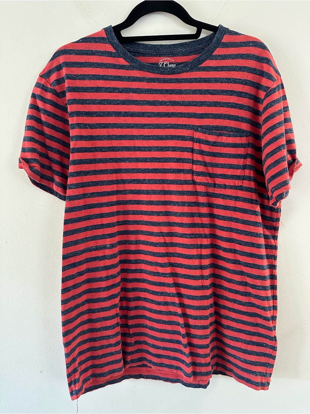 J. Crew Red and Navy Striped Pocket Tee